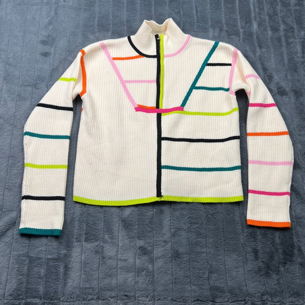 English Factory Womens Ribbed Quarter Zip Sweater Cream Multi Geometric Stripe M